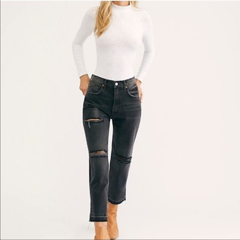 Free People Lita Crop Straight High Waisted Distressed Jeans